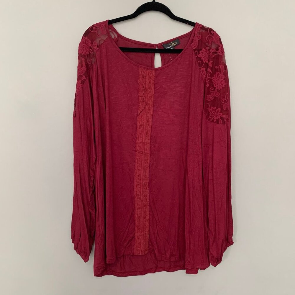 NEW Suzanne Betro Lace Trim Scoop Neck Top Womens 4X Burgundy‎ Embroidered Mesh